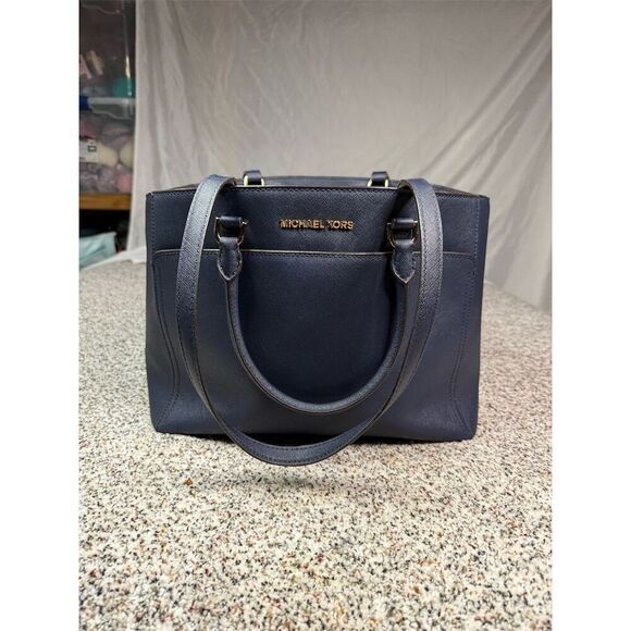 Michael Kors Emmy Large Navy Leather Tote Bag Double Handles - Picture 1 of 12